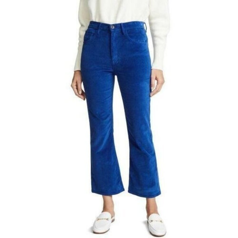 3x1 W5 Velvet Pants Empire Crop Flare Pants in Bottle Blue Size 26 New $225